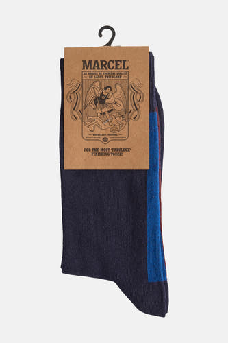 Chaussettes bleues de Le Fabuleux Marcel de Bruxelles, avec une ligne bleue et bordeaux en haut.