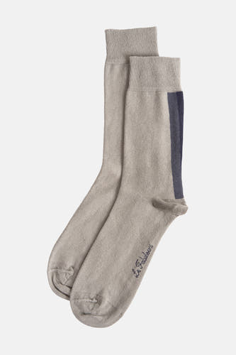 Chaussettes grises de Le Fabuleux Marcel de Bruxelles, avec une bande verticale bleu foncé et un texte sur le pied.