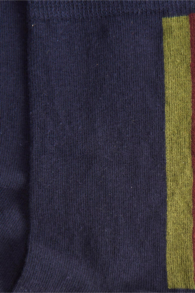 Chaussettes bleues de Le Fabuleux Marcel de Bruxelles avec un motif rayé en jaune et rouge.