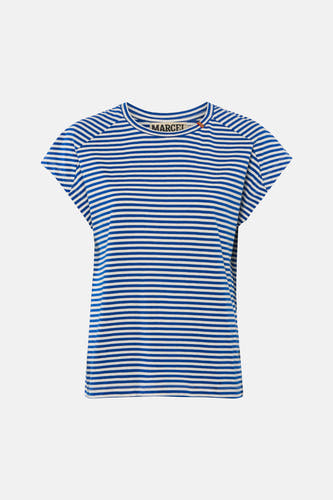 T-shirt rayé bleu et blanc à manches courtes de Le Fabuleux Marcel de Bruxelles, avec col rond et manches raglan.