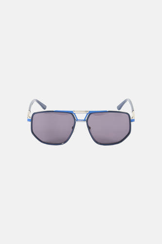 Lunettes de soleil bleues de Le Fabuleux Marcel de Bruxelles, avec une monture dorée et des verres foncés.