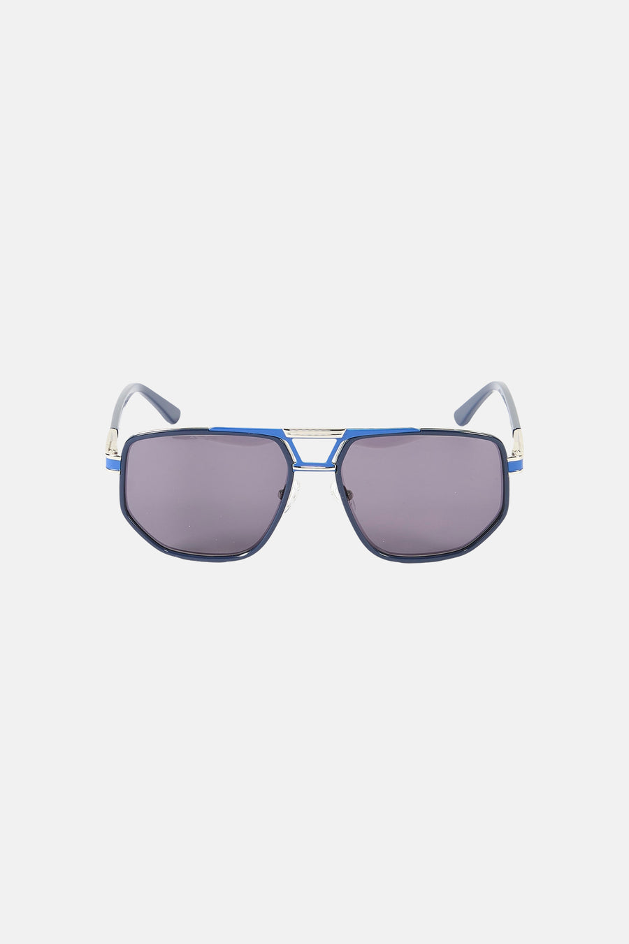 Lunettes de soleil bleues de Le Fabuleux Marcel de Bruxelles, avec une monture dorée et des verres foncés.