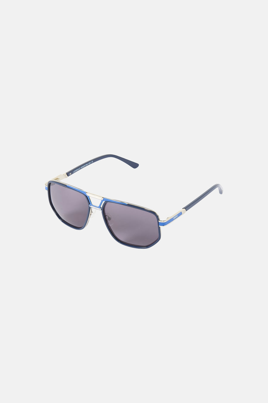 Blauwe zonnebril van Le Fabuleux Marcel de Bruxelles, met een goudkleurige rand en donkere glazen.