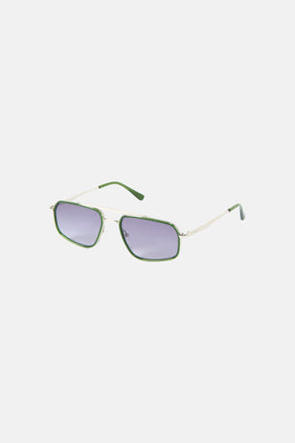 Groene zonnebril van Le Fabuleux Marcel de Bruxelles met zilverkleurige details en rechthoekige glazen.
