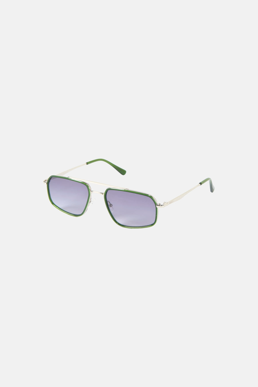 Groene zonnebril van Le Fabuleux Marcel de Bruxelles met zilverkleurige details en rechthoekige glazen.
