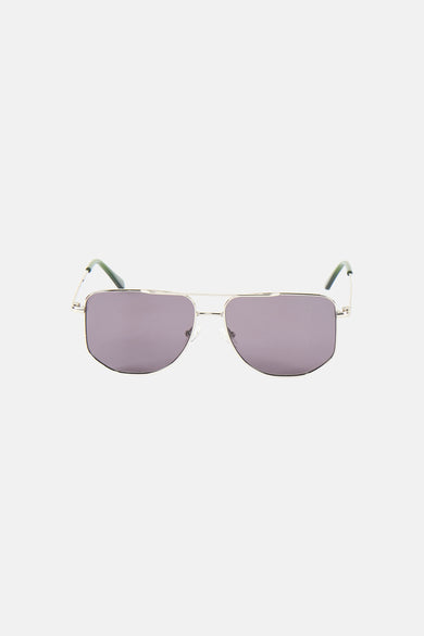 Lunettes de soleil bleues de Le Fabuleux Marcel de Bruxelles avec monture argentée et branches vertes.