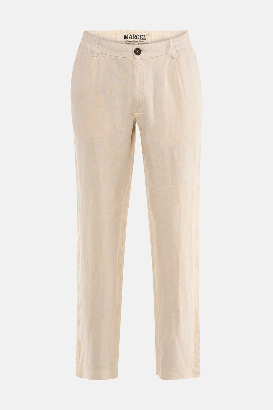 Pantalon de costume écru de Le Fabuleux Marcel de Bruxelles, avec une texture lisse et un bouton unique.