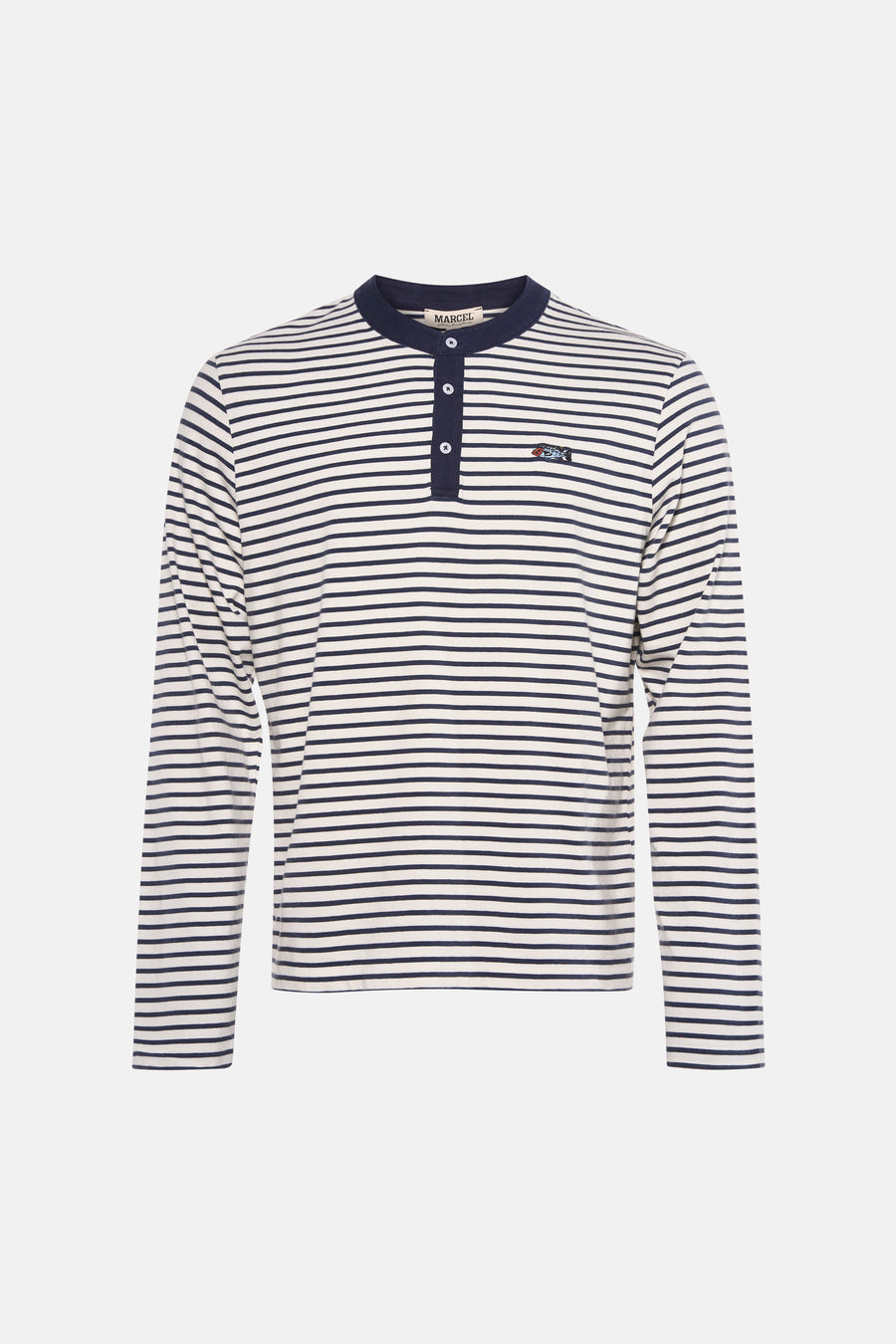 T-shirt bleu rayé à manches longues de Le Fabuleux Marcel de Bruxelles, avec fermeture à boutons et logo.