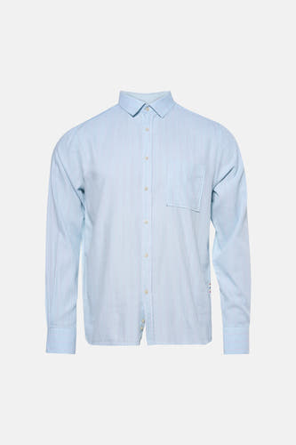 Chemise bleue à rayures à manches longues de Le Fabuleux Marcel de Bruxelles, avec une poche poitrine et une fermeture boutonnée sur le devant.