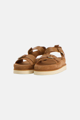 Sandales marron de Le Fabuleux Marcel de Bruxelles, vues de dos, avec une semelle épaisse et des brides réglables.