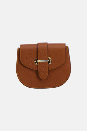 Sac à main marron de Le Fabuleux Marcel de Bruxelles, avec rabat et détails cousus.
