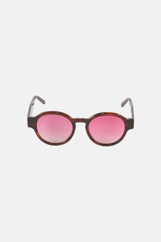 Lunettes de soleil marron de Le Fabuleux Marcel de Bruxelles, avec verres roses et motif écaille de tortue sur la monture.