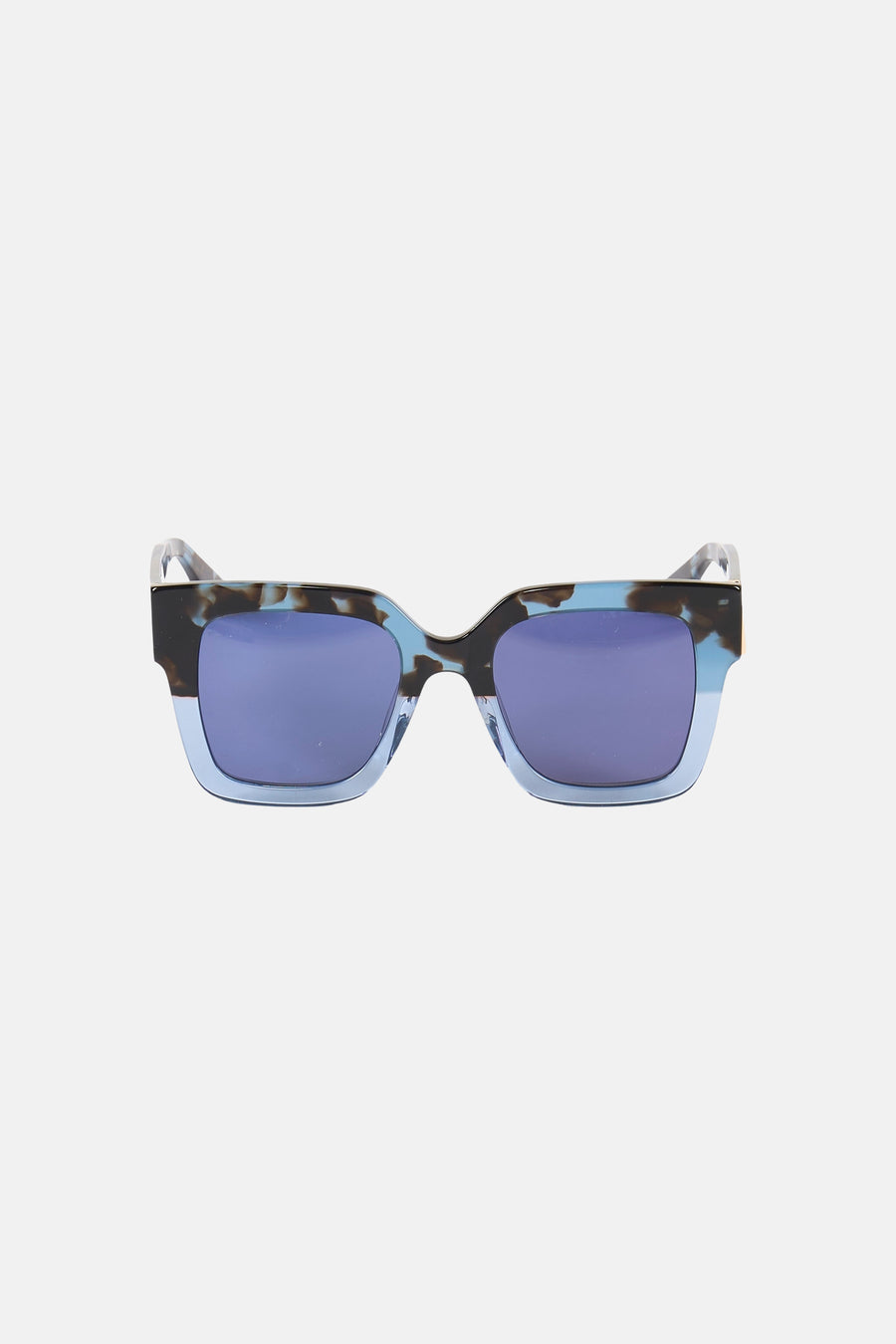 Lunettes de soleil bleues de Le Fabuleux Marcel de Bruxelles avec une monture mouchetée de bleu et de marron.