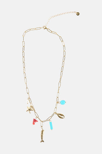 Collier court et multicolore de Le Fabuleux Marcel de Bruxelles, avec des breloques en forme d'hippocampe, de coquillage et des perles.