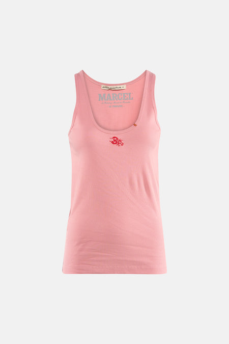 Débardeur côtelé rose de Le Fabuleux Marcel de Bruxelles avec broderie de homard rouge et détail rayé.