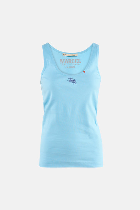 Débardeur côtelé bleu de Le Fabuleux Marcel de Bruxelles avec inscription 'MARCEL', imprimé homard et étiquette rayée.