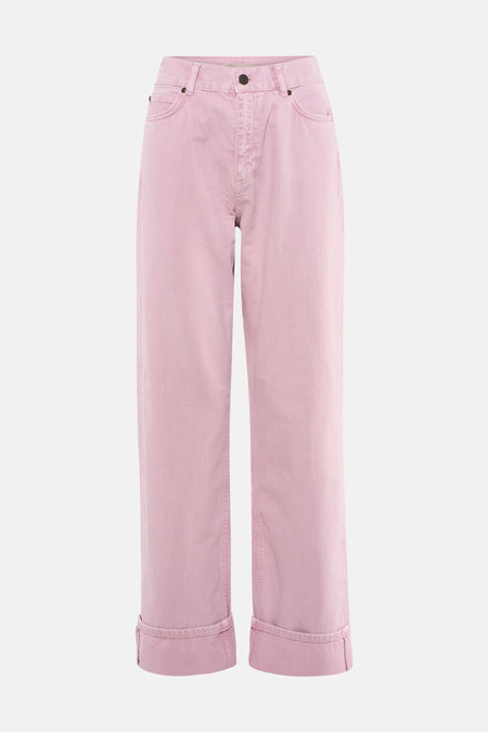 Pantalon rose de Le Fabuleux Marcel de Bruxelles avec jambes larges, ourlets retroussés et poches sur le devant.