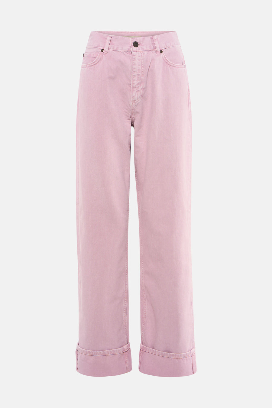 Pantalon rose de Le Fabuleux Marcel de Bruxelles avec jambes larges, ourlets retroussés et poches sur le devant.