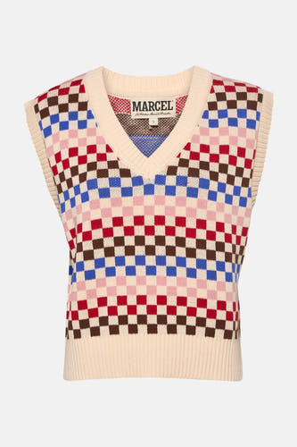 T-shirt multicolore de Le Fabuleux Marcel de Bruxelles, avec un motif damier en rose, bleu, marron et rouge.