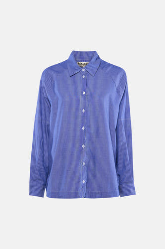 Chemise bleue à rayures à manches longues de Le Fabuleux Marcel de Bruxelles, avec fermeture à boutons.