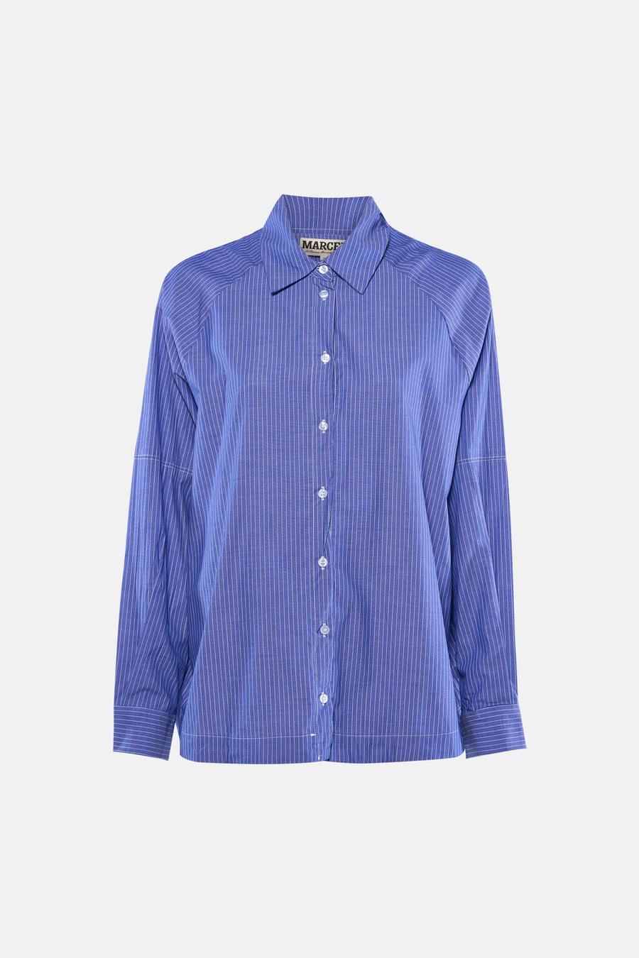 Chemise bleue à rayures à manches longues de Le Fabuleux Marcel de Bruxelles, avec fermeture à boutons.
