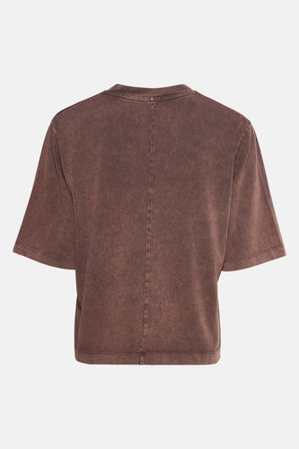 Bruin T-shirt met korte mouwen.