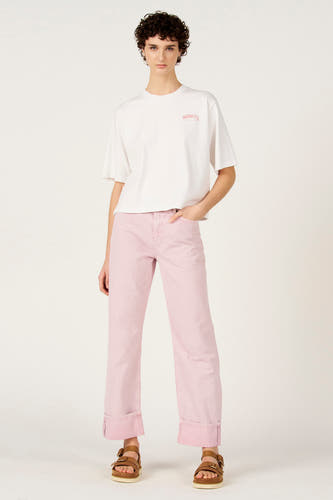 T-shirt blanc à manches courtes de Le Fabuleux Marcel de Bruxelles, avec un petit imprimé rose.