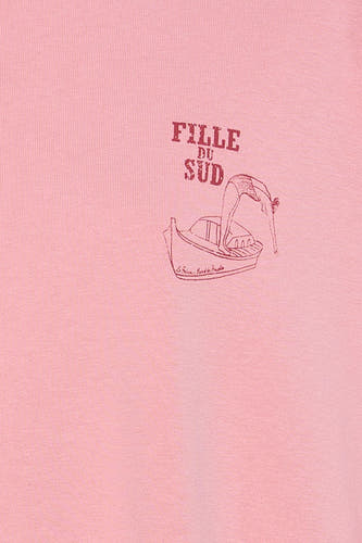 Gilet rose de Le Fabuleux Marcel de Bruxelles, avec une impression d'une femme sautant dans un bateau.