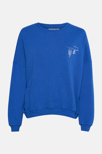 Gilet bleu de Le Fabuleux Marcel de Bruxelles, avec un design graphique blanc.