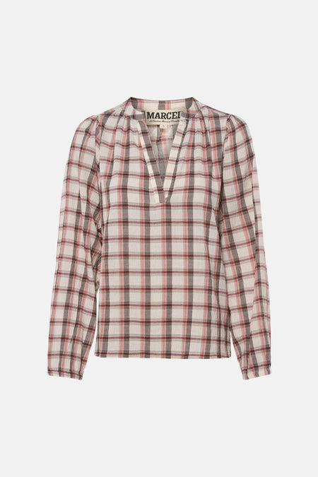 Chemisier multicolore à manches longues de Le Fabuleux Marcel de Bruxelles avec motif à carreaux en beige, rose et bordeaux et un col en V.