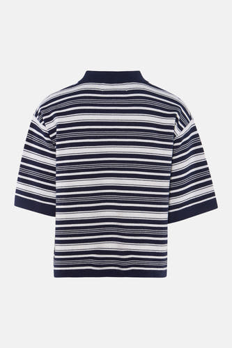 Polo rayée bleu marine et blanc de Le Fabuleux Marcel de Bruxelles à manches courtes et col montant, dos visible.