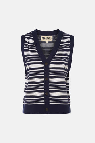 Gilet rayé bleu marine et blanc de Le Fabuleux Marcel de Bruxelles, avec col en V et fermeture à boutons.
