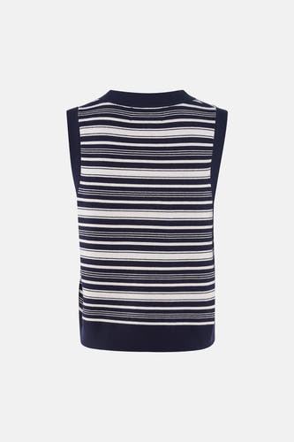 Gilet rayé bleu marine et blanc de Le Fabuleux Marcel de Bruxelles, avec des largeurs de rayures variables, dos.