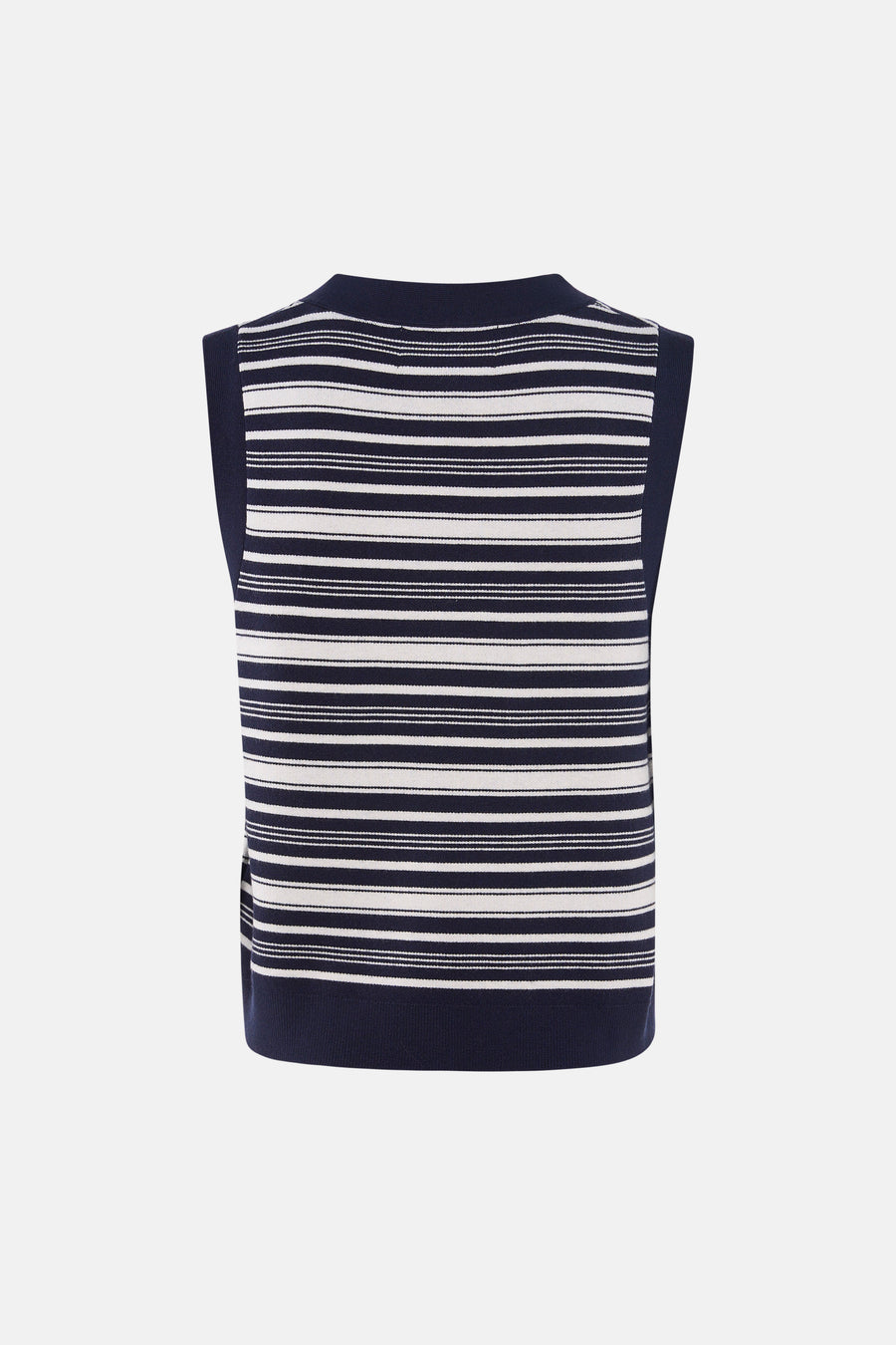 Gilet rayé bleu marine et blanc de Le Fabuleux Marcel de Bruxelles, avec des largeurs de rayures variables, dos.