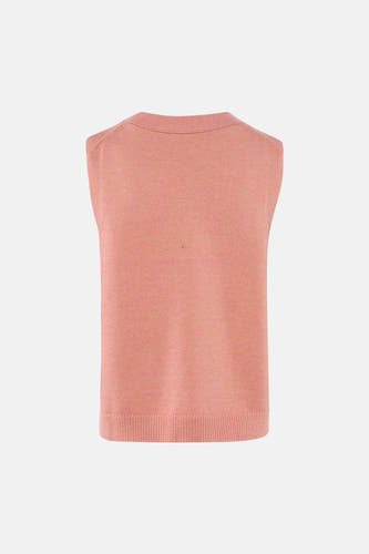 Gilet en maille rose de Le Fabuleux Marcel de Bruxelles, uni et vue arrière avec col et ourlet côtelés.