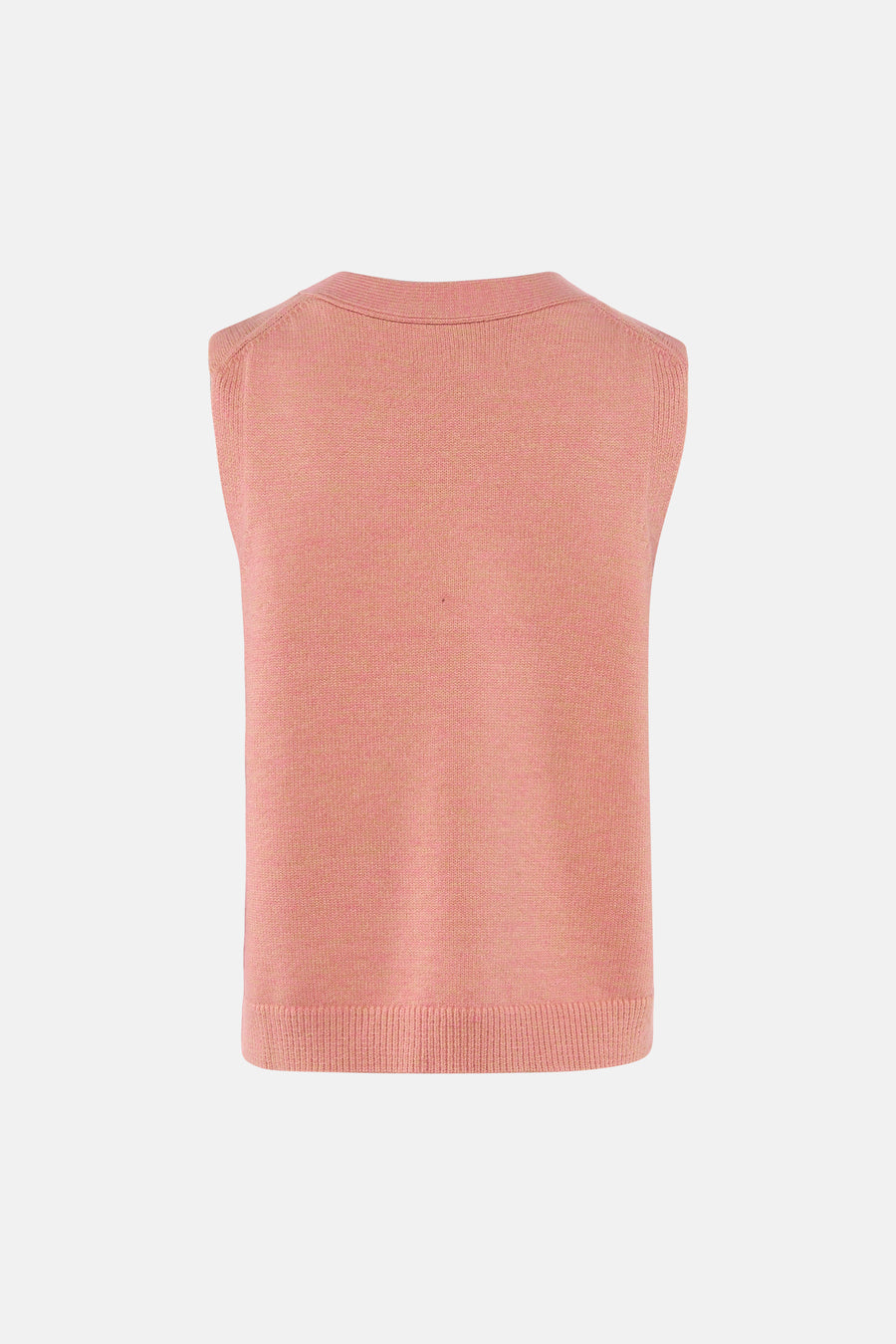 Gilet en maille rose de Le Fabuleux Marcel de Bruxelles, uni et vue arrière avec col et ourlet côtelés.