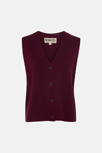Gilet sans manches violet de Le Fabuleux Marcel de Bruxelles avec col en V et fermeture à boutons sur le devant.