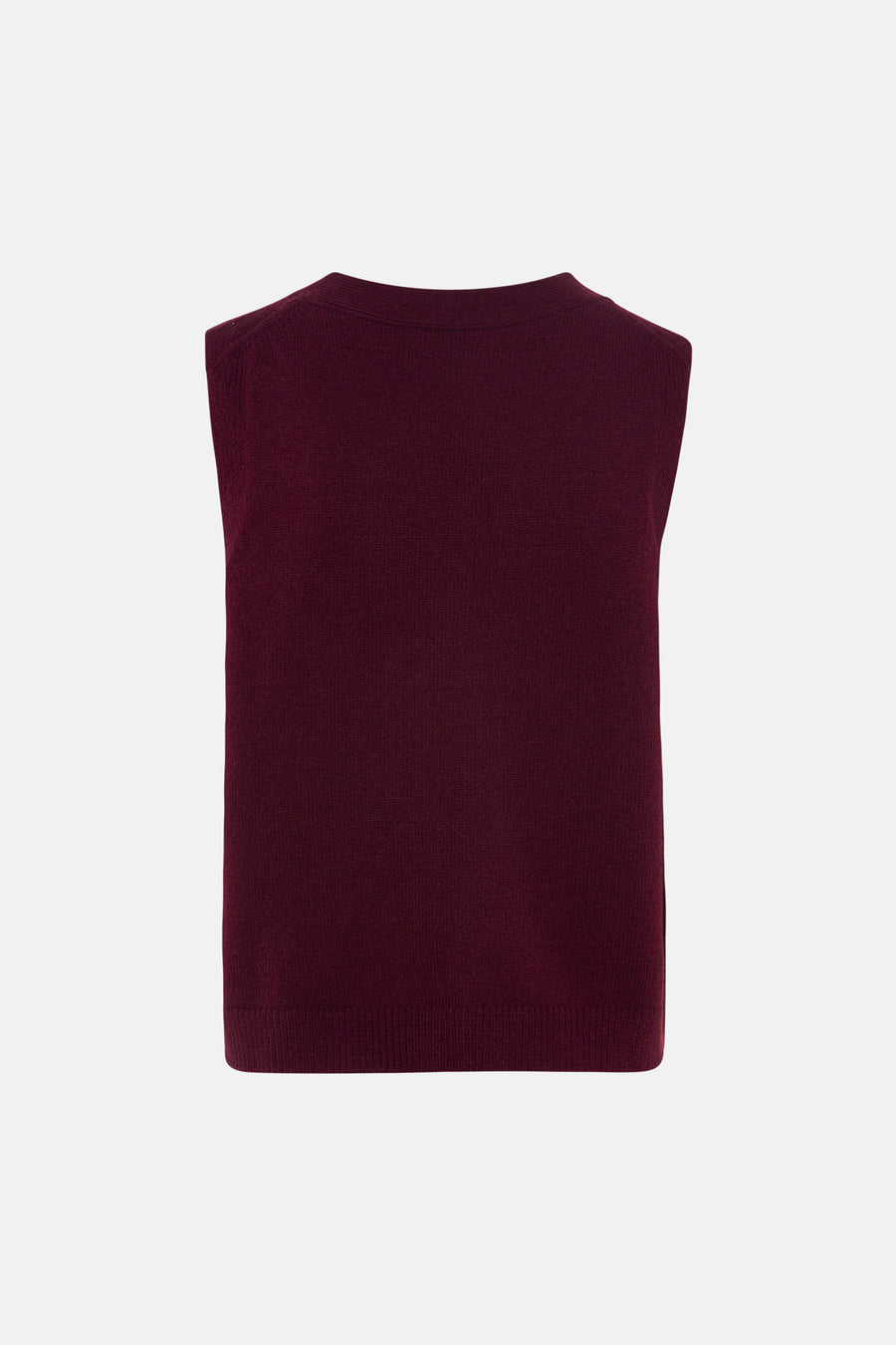 Gilet en tricot violet foncé de Le Fabuleux Marcel de Bruxelles, sans manches avec col rond, dos.