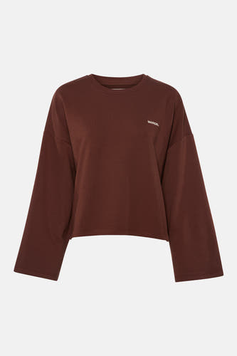 Pull marron à col rond de Le Fabuleux Marcel de Bruxelles, avec 'MARCEL' subtilement sur la poitrine et manches larges.