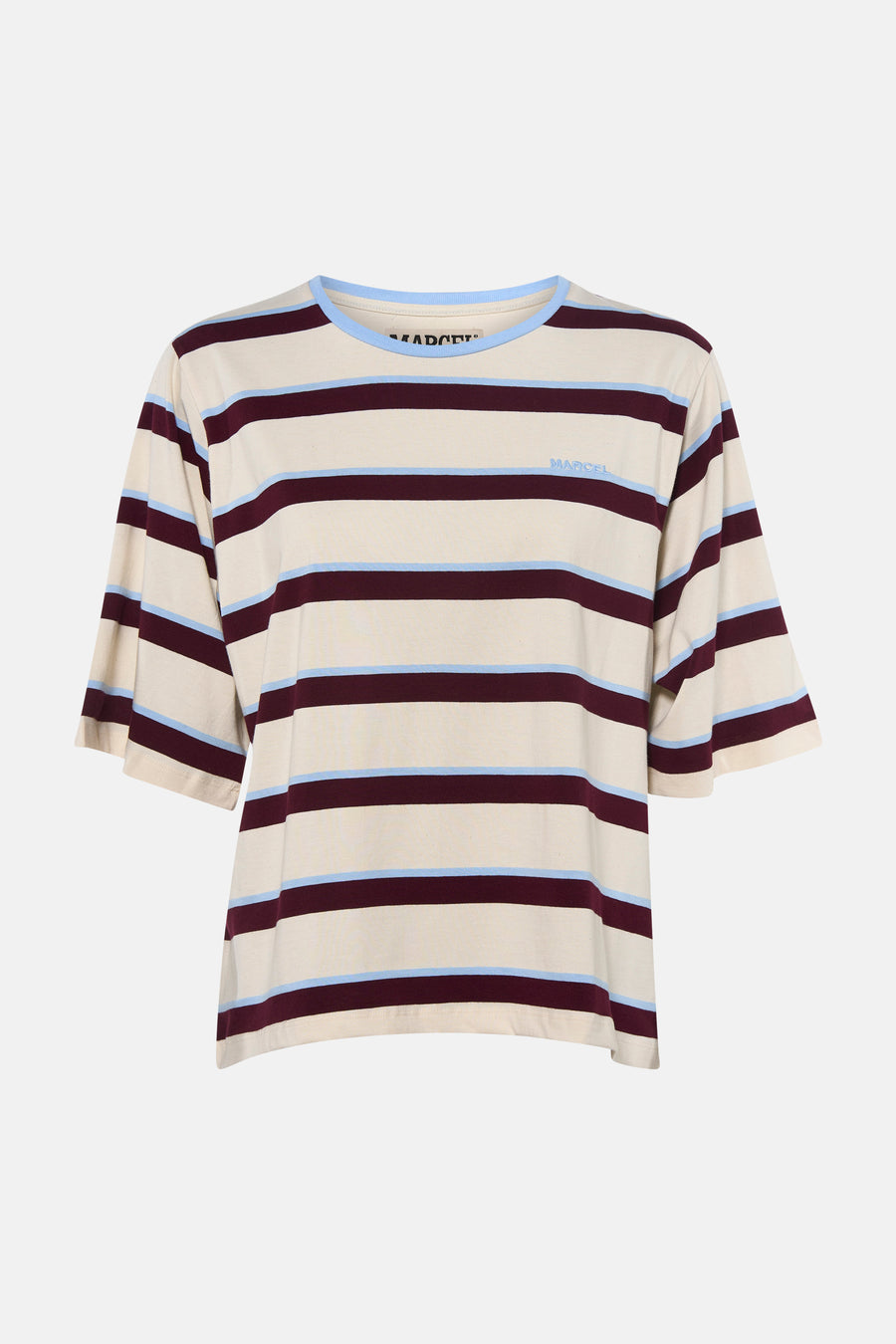 Multicolor gestreepte 3/4-mouw T-shirt van Le Fabuleux Marcel de Bruxelles, crèmekleurig met bordeaux en lichtblauwe strepen, ronde hals met blauwe bies, klein logo op borst, front view