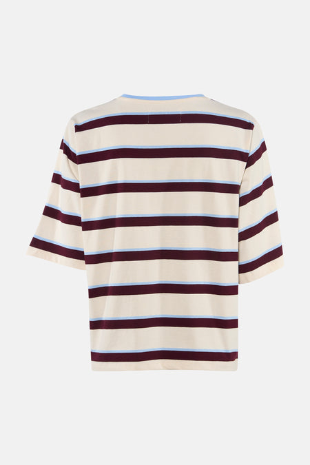 Multicolor gestreepte 3/4-mouw T-shirt van Le Fabuleux Marcel de Bruxelles, crèmekleurig met bordeaux en lichtblauwe strepen, achterkant weergegeven