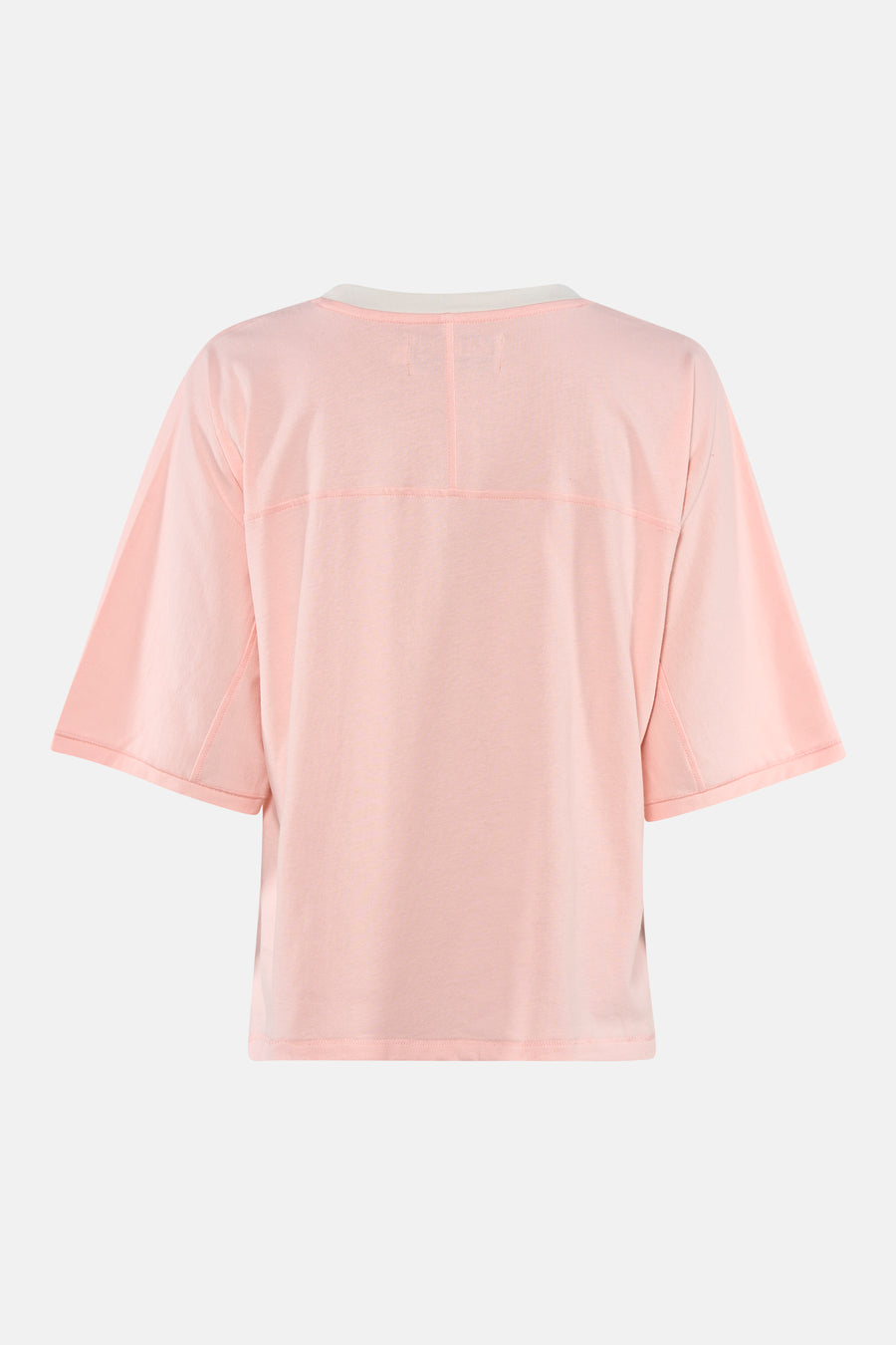 Roze korte mouwen t-shirt van Le Fabuleux Marcel de Bruxelles, achterkant met witte kraag en gestikte lijn over rug, lichte textuur