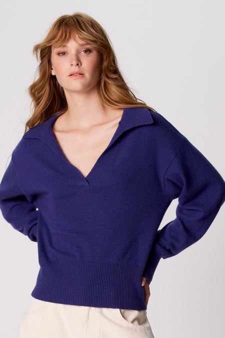 Pull col V - bleu
