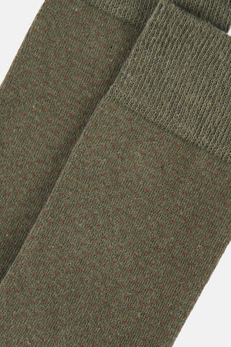 Kaki sokken met subtiel rood stippenpatroon van Le Fabuleux Marcel de Bruxelles, fijn gebreid, close-up weergave