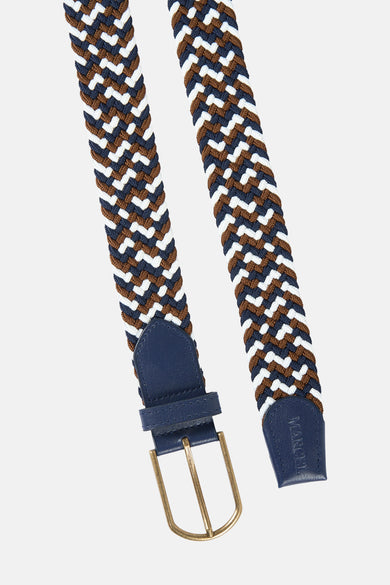 Ceinture multicolore de Le Fabuleux Marcel de Bruxelles, avec un motif tressé en marron, blanc et bleu.