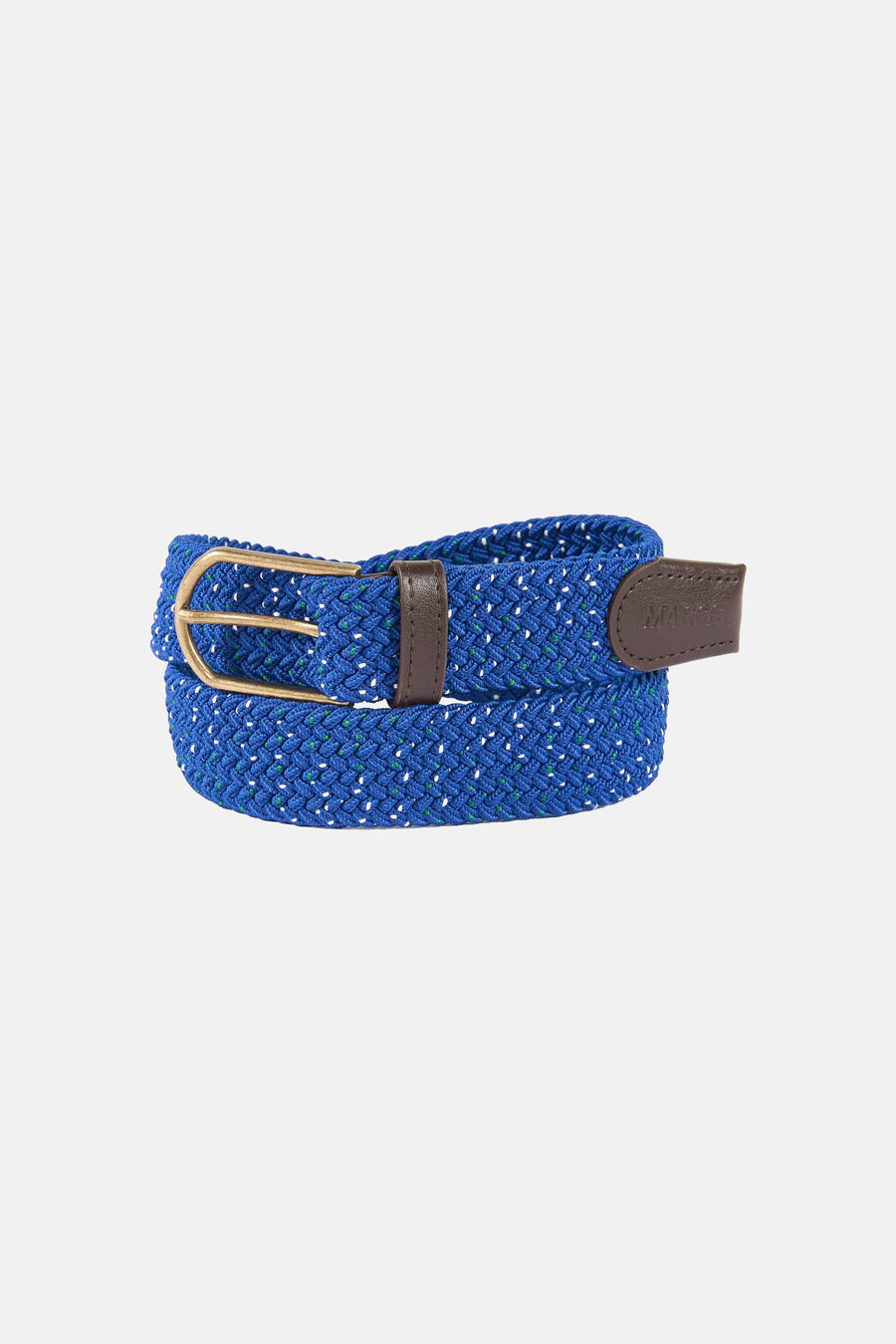Ceinture bleue de Le Fabuleux Marcel de Bruxelles, dans une boîte en carton avec fenêtre.