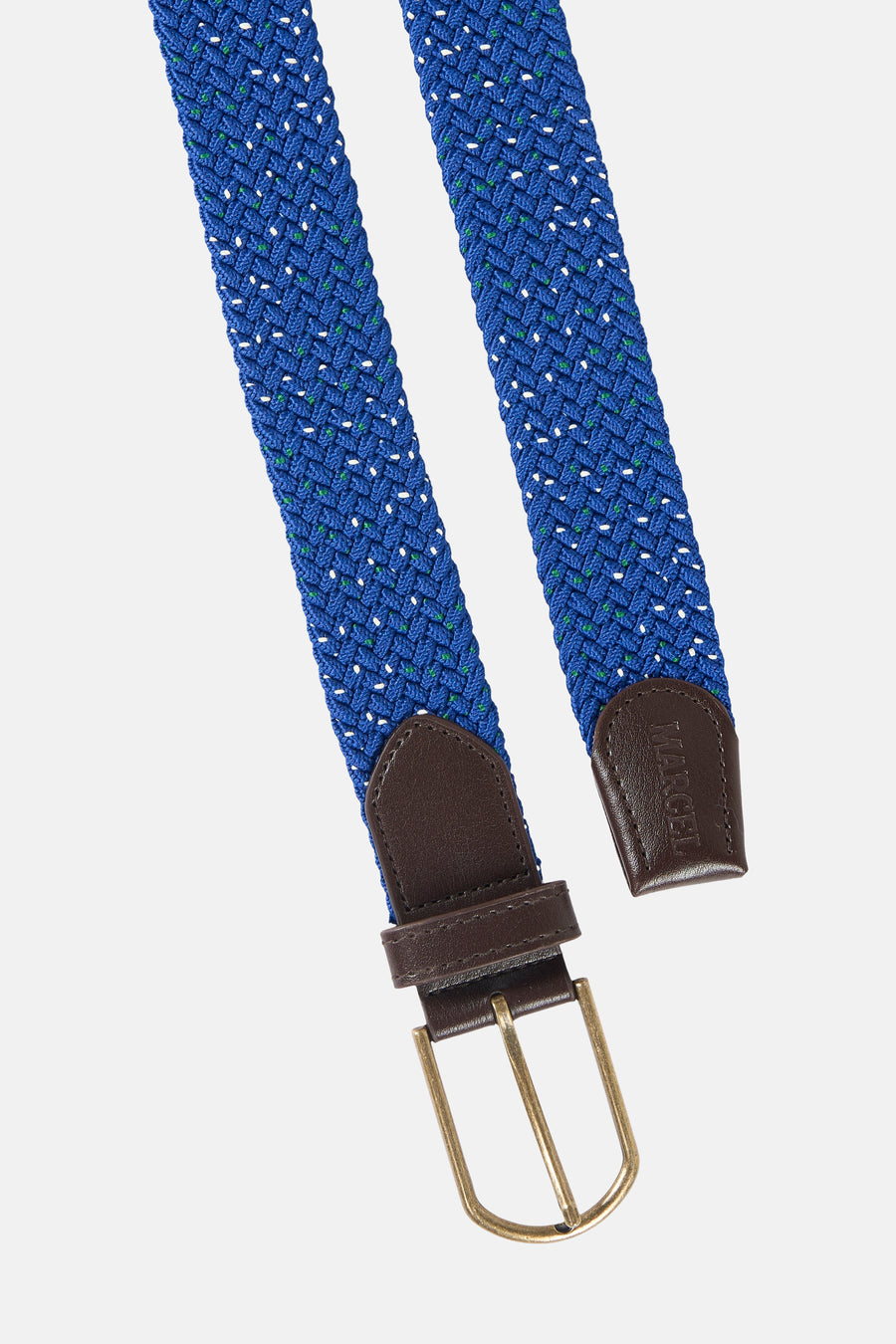 Ceinture bleue de Le Fabuleux Marcel de Bruxelles, avec texture tressée et détails en cuir marron.