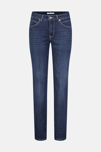 Jean droit en denim bleu moyen de MAC, avec un léger lavage et des surs classiques.