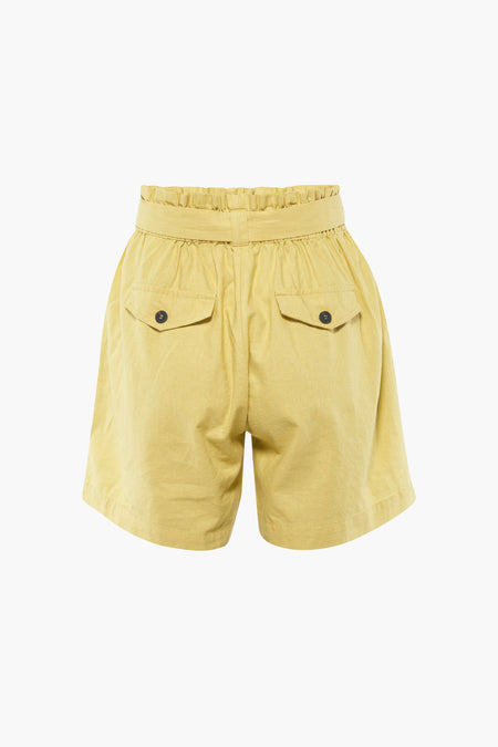 Gele short van MEXX met zakken en een elastische tailleband, gezien vanaf de achterkant.

