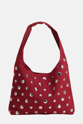 Sac à dos rouge de My Jewellery Bags, orné de strass argentés.